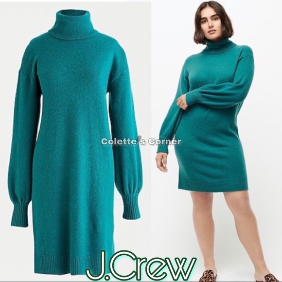 J. Crew Dresses & Skirts - J.Crew Teal Green Puff Sleeve Turtleneck Sweater Knee Length Dress